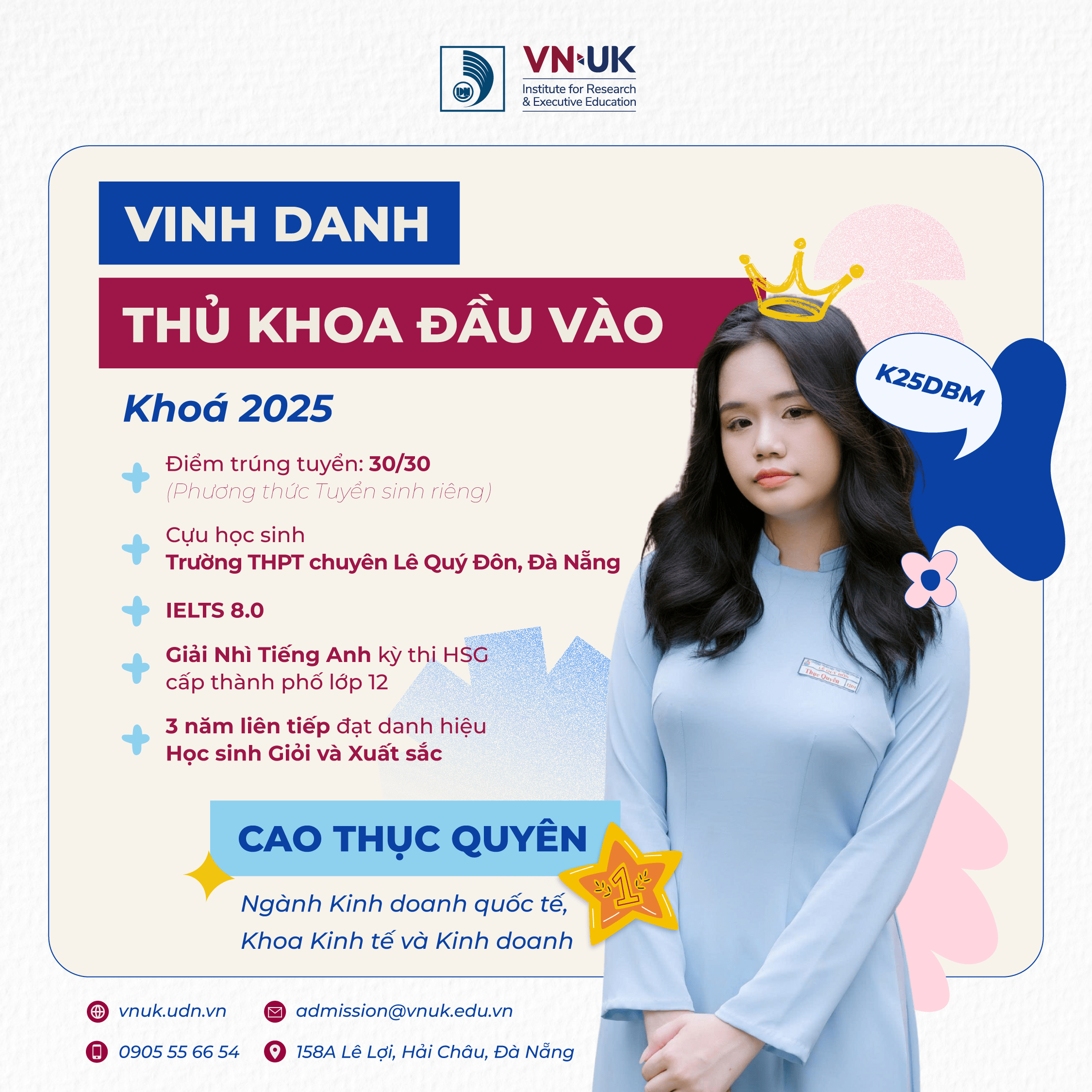 VNUK chúc mừng thủ khoa xuất sắc toàn khóa kỳ tuyển sinh 2025 